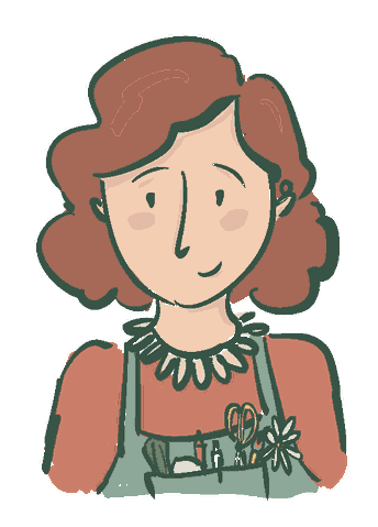 Marguerite, la narratrice de la boutique : buste dessiné à la main, cheveux terracotta, tablier sauge et col de marguerites